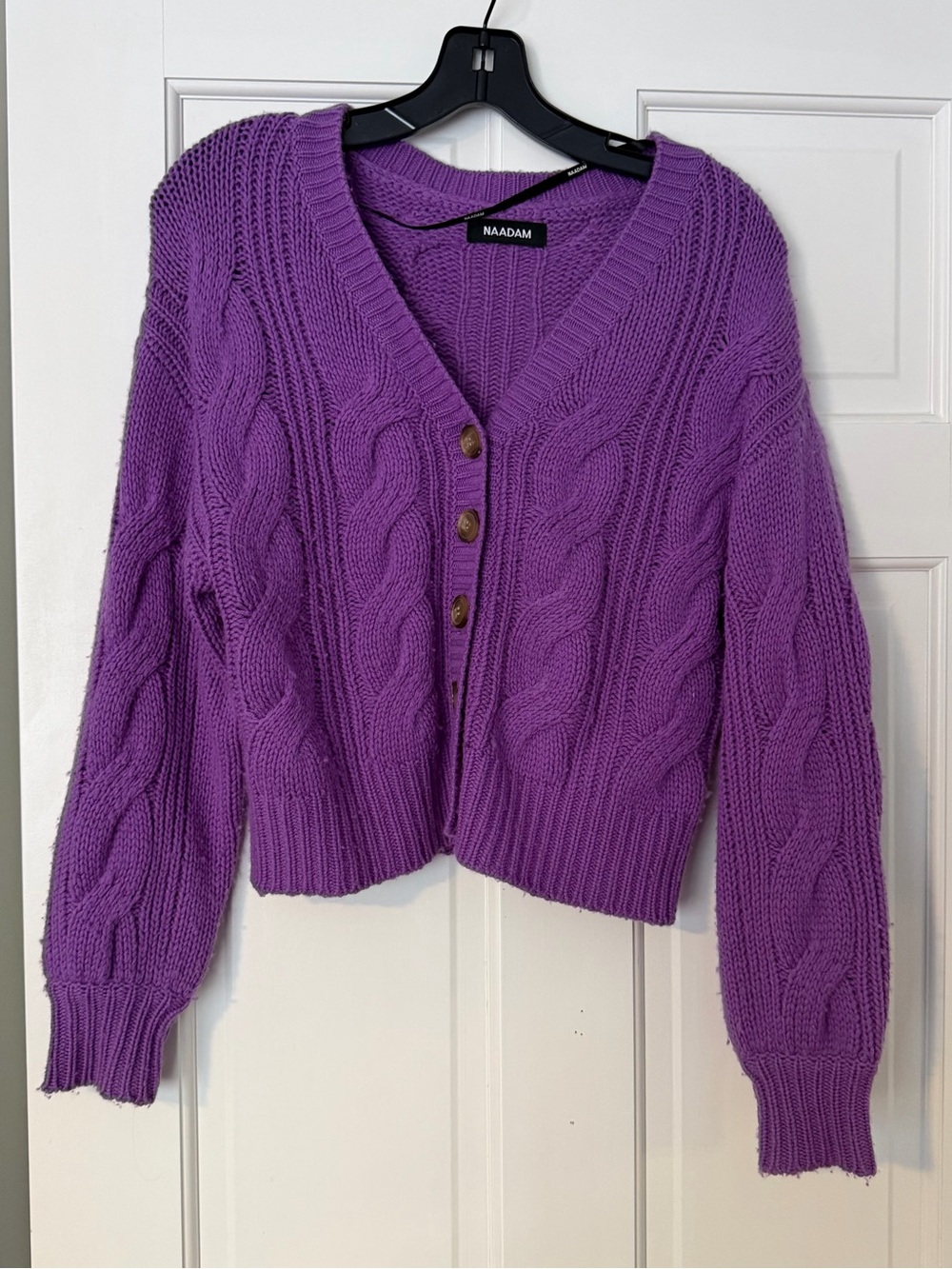 NAADAM Vibrant Purple Cable Knit Wool & Cashmere Button-Front Cardigan